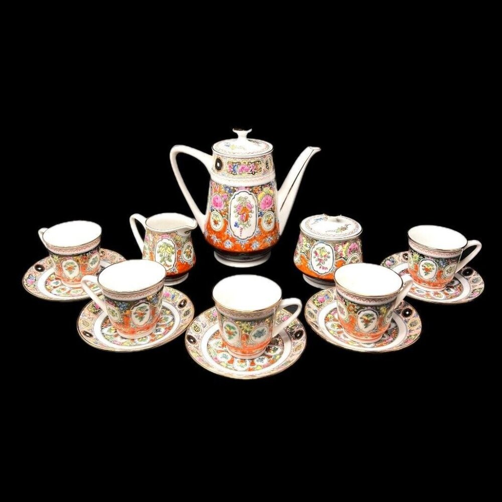 Chinese Famillie Rose Medallion Porcelain Tea Set 15pc Dishes Cantonese Antique